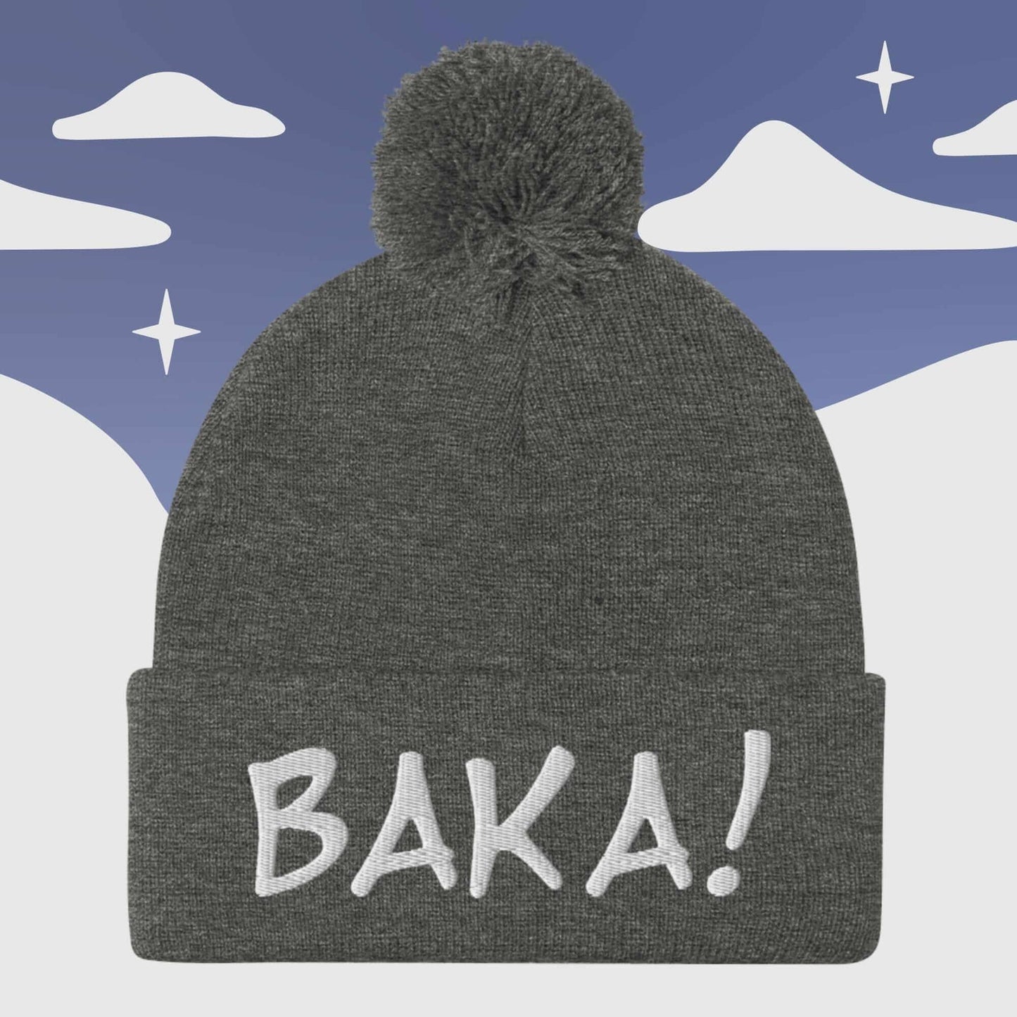 "BAKA!" Anime inspired - Pom Pom Beanie Sage Graphics Dark Heather Grey 