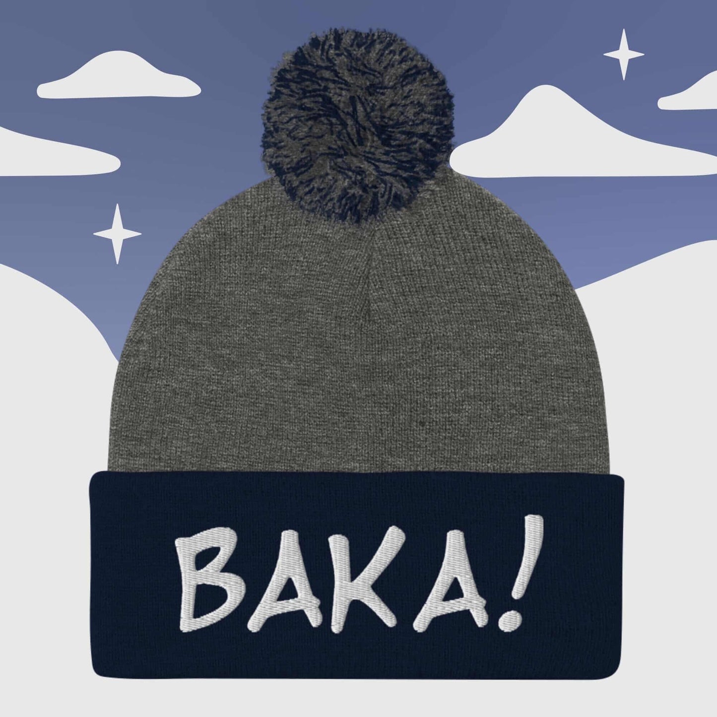 "BAKA!" Anime inspired - Pom Pom Beanie Sage Graphics Dark Heather Grey/ Navy 