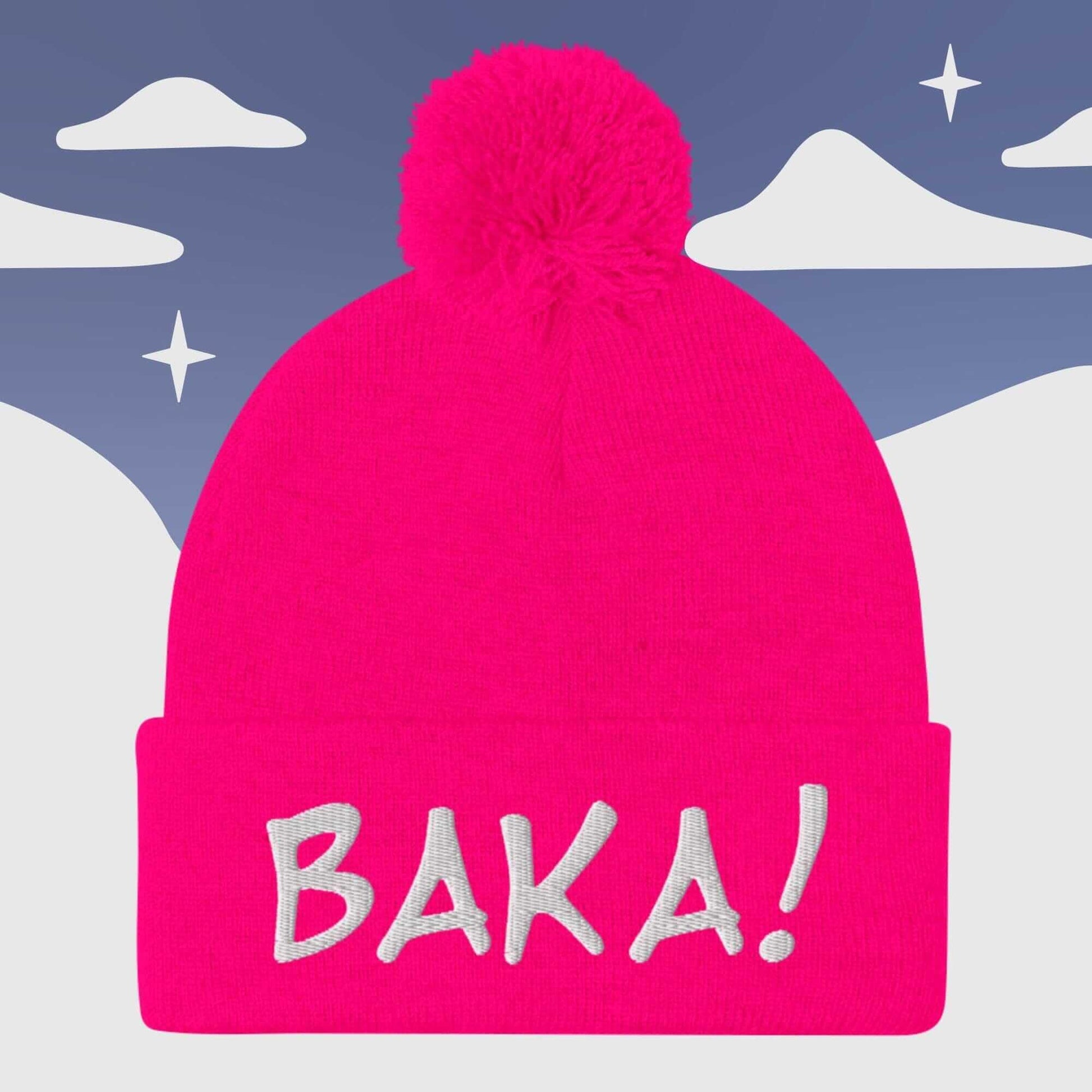 "BAKA!" Anime inspired - Pom Pom Beanie Sage Graphics Neon Pink 